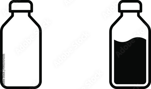 Bottle icon set showing empty and partially filled containers with curved liquid level for volume and fluid concepts. 