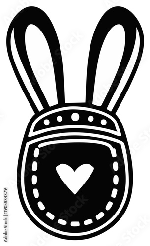 Black and white illustration of a cute bunny bib with a heart detail