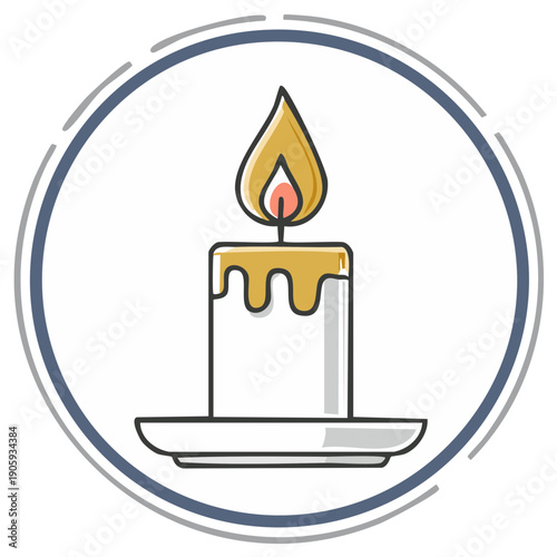 Cartoon candle burning with flame on a plate inside circular frame.