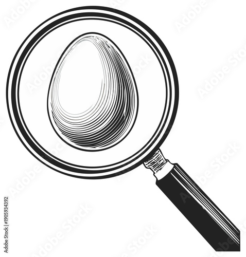 Magnifying glass examines intricate egg pattern in black and white line art illustration