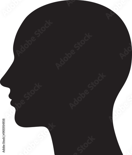 Black silhouette of a human head in profile view against a white background also transparent background