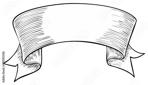 Hand Drawn Blank Ribbon Banner Engraving Style Isolated Vintage Scroll Element