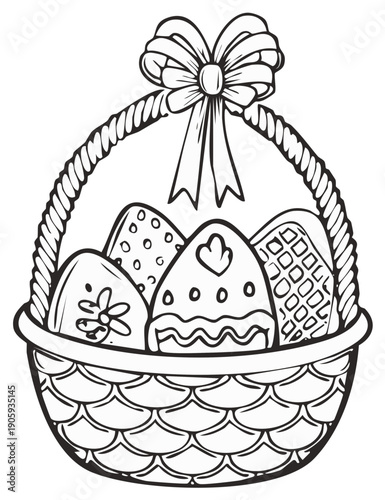 Cute Easter basket full of decorated eggs and a bow on the handle, a black and white line art for a coloring page