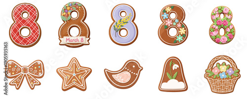 A set of festive gingerbread cookies for International Women's Day – illustrations for cards, gift wrapping, confectionery brands, and spring marketing