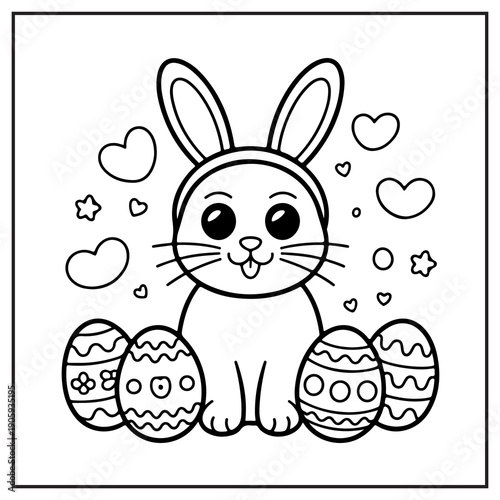 Cartoon bunny with Easter eggs and hearts for coloring