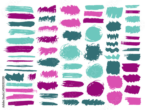 Acrylic dirty brush stroke vector group. Freehand inkblot streak scrawl elements. Drop paintbrush textured banner imprint bundle. Daub watercolor blots drawing.