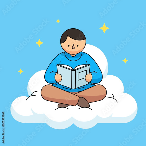 Young Boy Reading on Cloud.