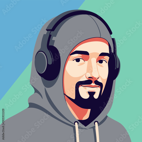 Man Wearing Headphones Gray Hoodie.