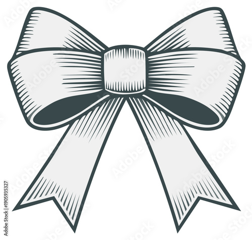 Engraved illustration of a ribbon bow, gift wrap, holiday decoration