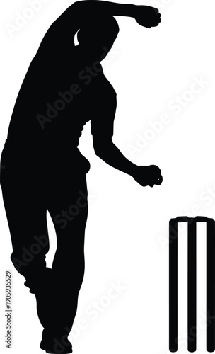 Cricket bowler silhouette illustration—vector of player delivering ball in action pose with stumpsCricket bowler silhouette illustration—vector of player delivering ball in action pose with stumps