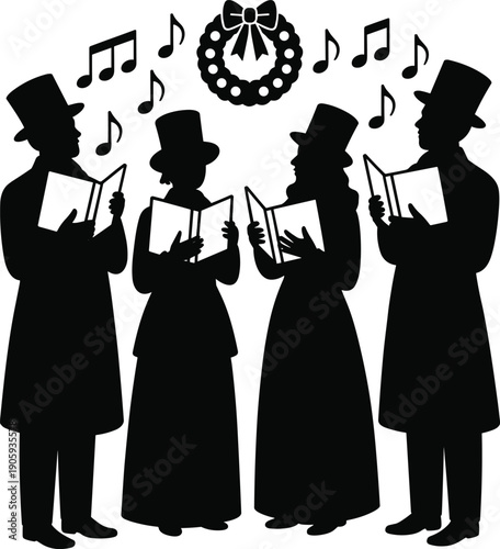Christmas carolers silhouette illustration, vintage singers performing holiday songs with songbooks and wreath, festive winter choir isolated white background vector