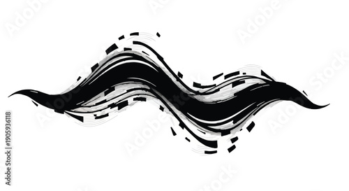 Abstract black and white wave motion graphic design element dynamic fluid lines and shapes isolated on white background for creative projects and digital media