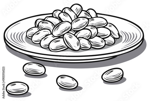 Illustration of White Beans on a Plate, Black and White Food Drawing, Isolated