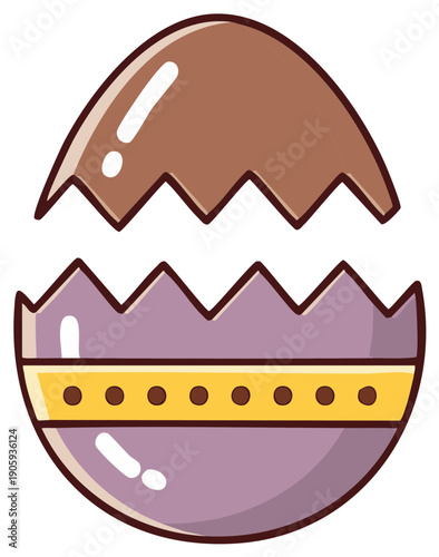 Cartoon illustration of a cracked open chocolate Easter egg with a decorated purple shell
