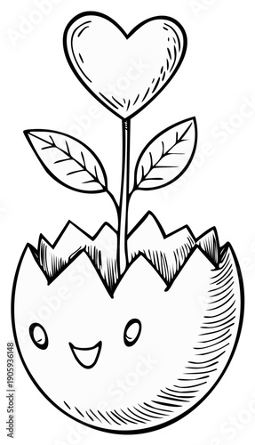 Cute plant with heart-shaped bloom emerging from a cracked eggshell with a smiley face