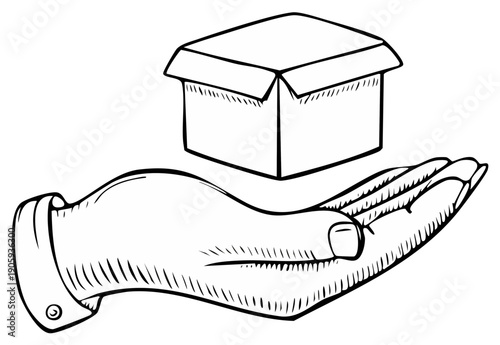 Human Hand with Cuff Holding a Small Open Cardboard Box Sketch in Black and White, Representing Delivery