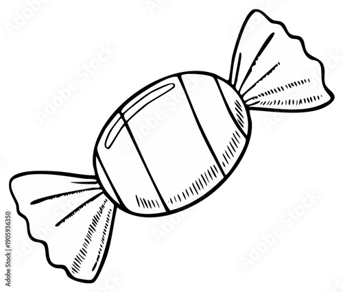 Line art illustration of a candy in wrapper with ribbons tied on both ends
