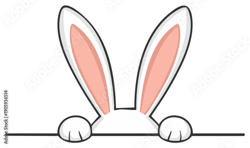 Cartoon Easter Bunny Ears and Paws Peeking Over a Horizontal Line