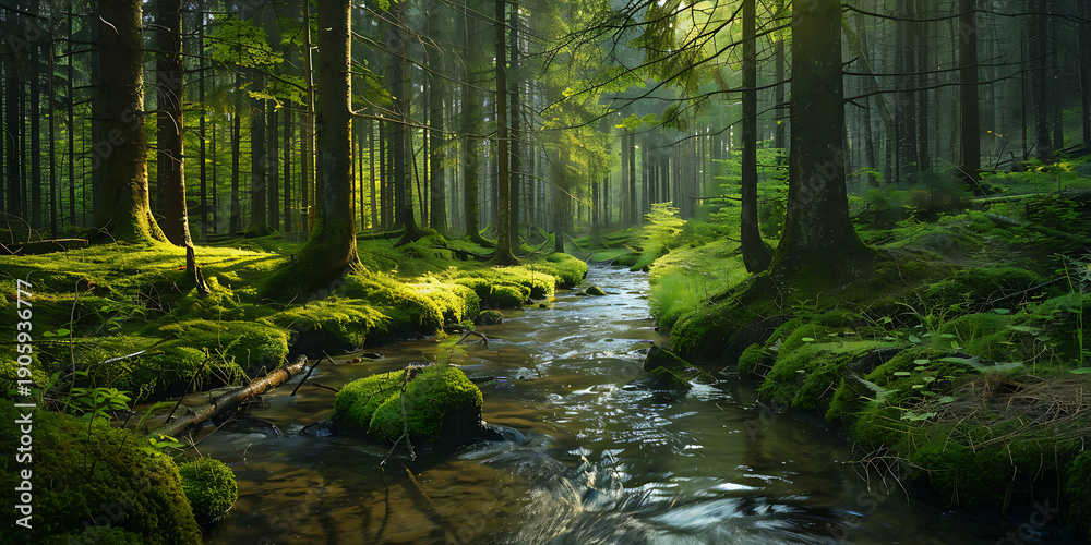 Obraz premium Tranquil forest with sunlight streaming through tall trees illuminating lush green undergrowth and gentle stream