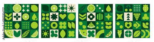 Set agro nature abstract fruit mosaic with geometric shapes and leaf pattern.