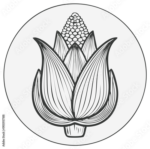 Illustration of a Corn Cob in a Circle, Engraved Style, Monochrome Design