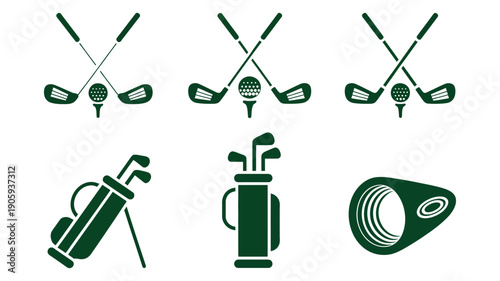 Golf equipment icons set in silhouette style, vector illustrations of clubs, balls, tees, bags, and accessories for sports design, golf branding, and digital or print projects.
