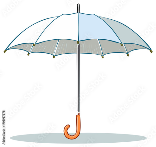 Open Umbrella Illustration with Pale Blue and Grey Panels and an Orange Hook Handle