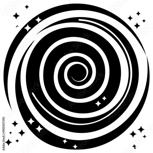 Abstract vortex swirl with star elements. Cosmic, spiral vector design.