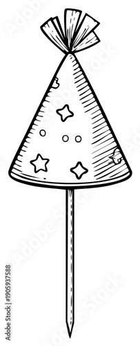 Festive hand drawn party hat doodle with decorative stars and polka dots on a pick