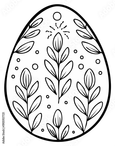 Hand drawn Easter egg coloring page with folk art botanical leaf ornaments