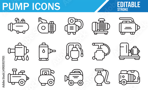 Vector Line Icons of Pumps and Fluid Transfer Equipment with Editable Stroke