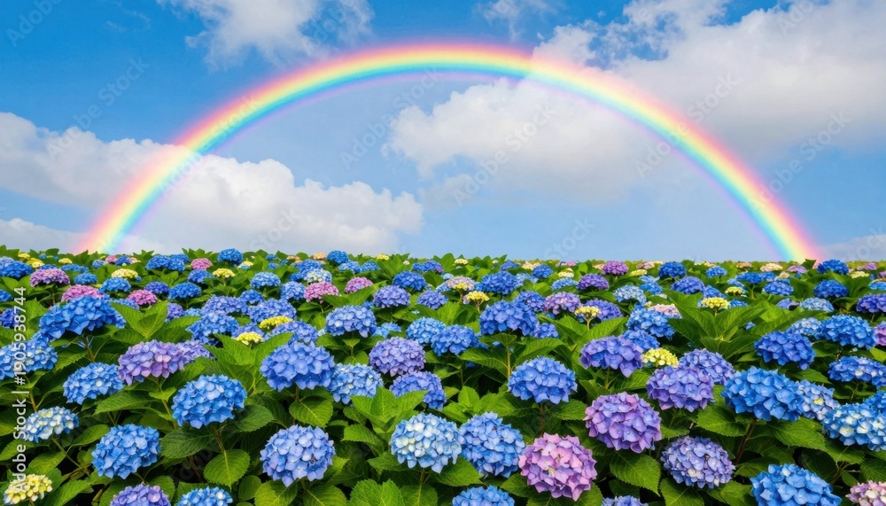 Fototapeta premium Vibrant rainbow over colorful hydrangea fields nature landscape outdoor serenity scenic viewpoint floral beauty