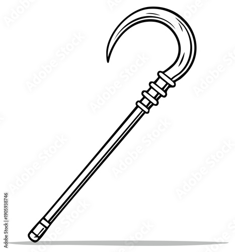 Cartoon drawing of a curved staff with hook, a weapon or tool for fantasy.