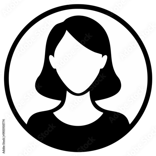 Minimalist black and white female user avatar icon with blank face in a circular frame