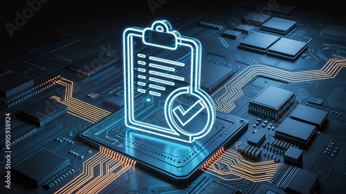 Advanced Cyber Security and Digital Compliance Concept Featuring a Glowing Clipboard on a Microchip for Professional Information Management