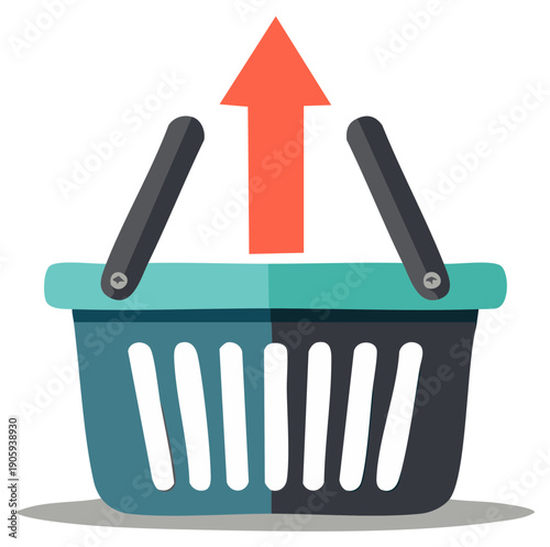 Shopping basket with upward arrow symbolizing increase in sales or popularity