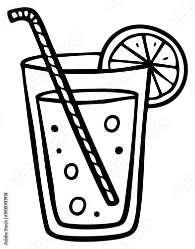 Simple black and white line drawing of a refreshing cold drink with a straw and lemon slice