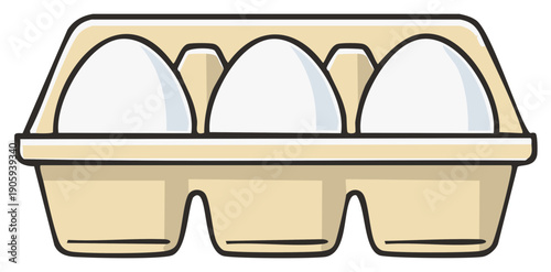 Cartoon drawing featuring three white eggs in a carton package for food concept