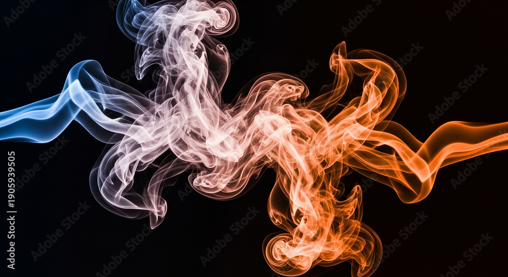 Obraz premium Abstract Blue and Orange Smoke Fusion on Black Background