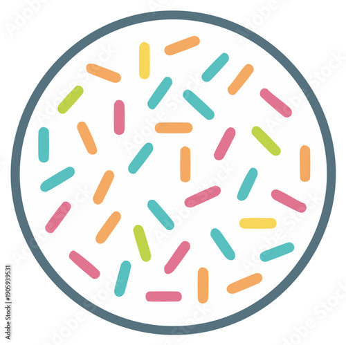 Round dessert with multi-colored sprinkles icon, treats with colorful sprinkles in circular shape, party cake decorations illustration