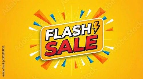 Vibrant promo graphic for flash sale advertisement with dynamic shapes and bold typography on bright yellow background from a direct viewpoint