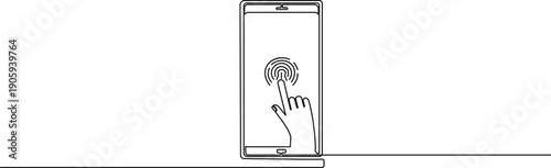 Continuous one-line drawing of a hand interacting with a smartphone screen using a touch gesture. Minimalist black vector art on a white background.