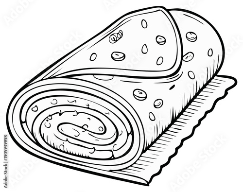 Rolled burrito or food wrap with filling, black and white line art illustration for coloring book