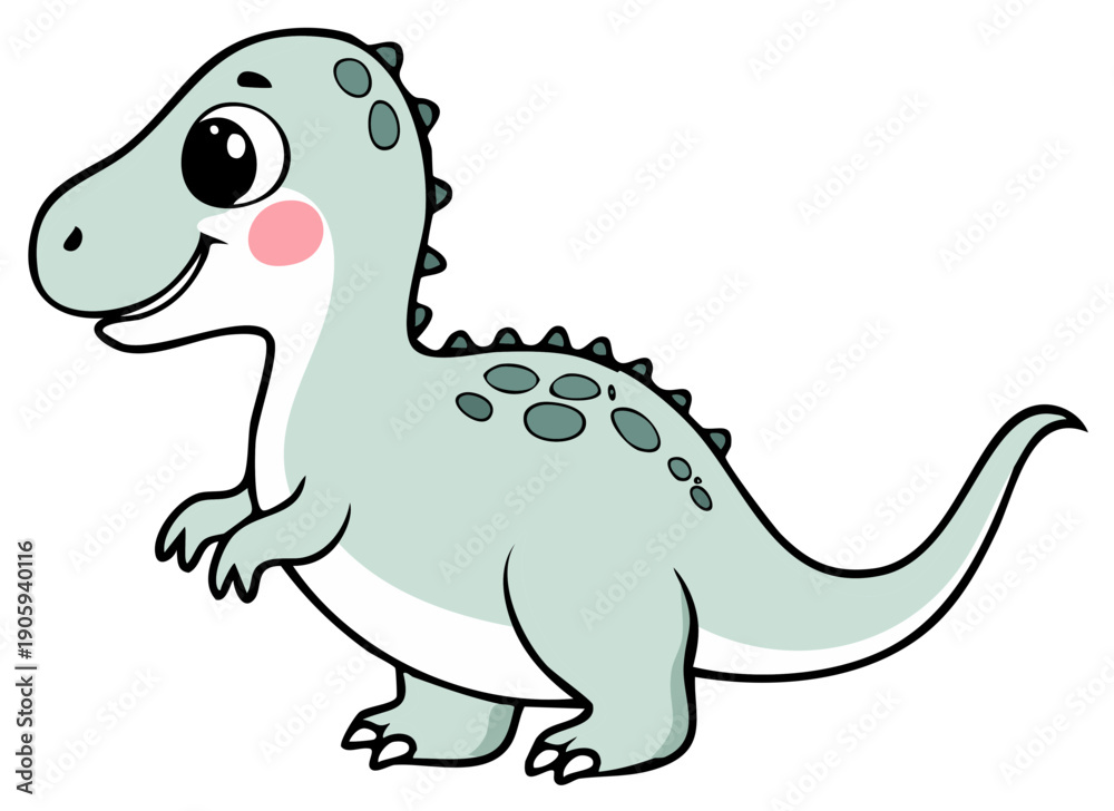 Naklejka premium Cute cartoon light blue dinosaur with pink cheeks and green spots looking to the side