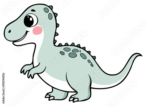 Cute cartoon light blue dinosaur with pink cheeks and green spots looking to the side