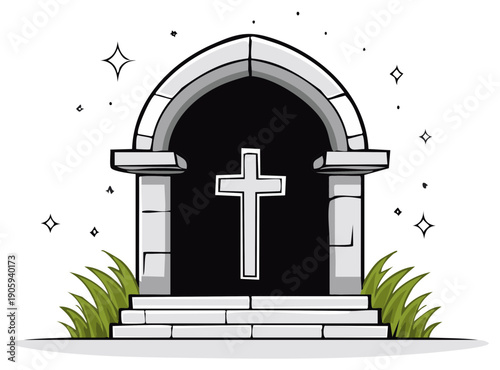 Stone cross alcove illustration with three steps and grass with gray gothic archway with sparkles, spiritual sanctuary