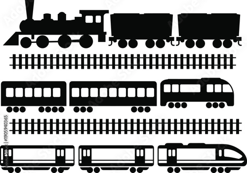 Train silhouettes set illustration, steam locomotive passenger wagons and modern rail vehicles on tracks, transportation icon collection vector design