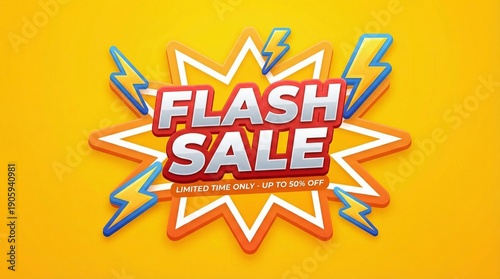 Vibrant promotional banner with flash sale text surrounded by dynamic lightning bolts on a bright yellow background, promo (88).jpeg