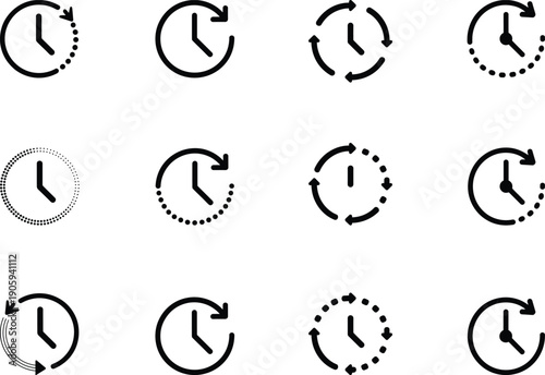 Set of clock history icons with arrows representing time passage backup recovery software updates chronometer symbols and countdown progress tracking elements