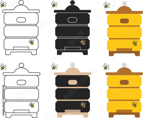 Beehive icon set illustration showing honey boxes with bees, flat and outline styles, beekeeping concept, nature agriculture design
